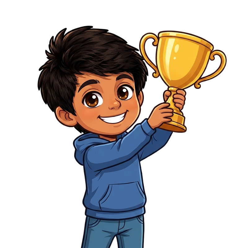 Cartoon Parsa proudly holding a trophy