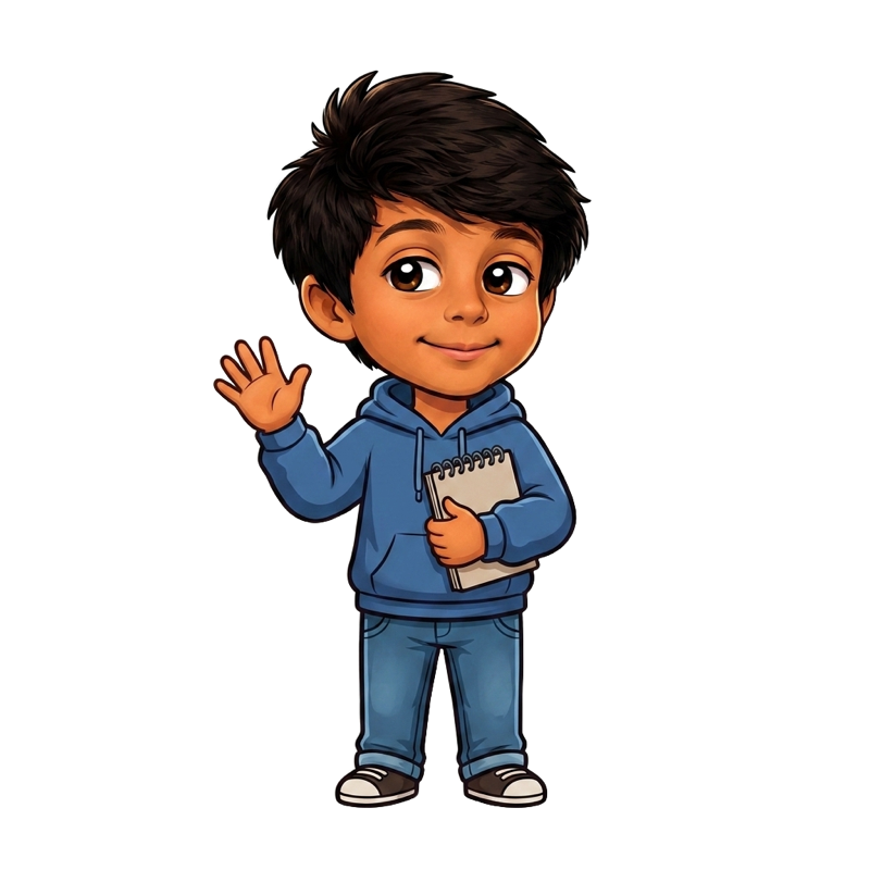 Cartoon Parsa waving and holding a notebook